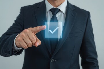 Business manager selecting virtual interface button representing digital interaction technology for corporate business applications professional technology solutions

