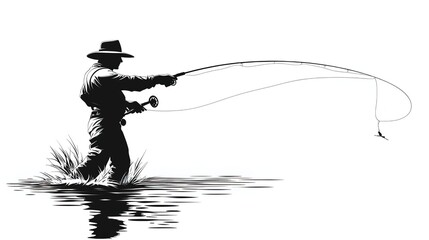 Obraz premium Silhouette of Fly Fisherman Standing in Water with Fishing Rod
