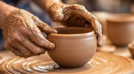 Close-up of hands shaping a clay pot on a pottery wheel with clay and spinning wheel in workshop setting