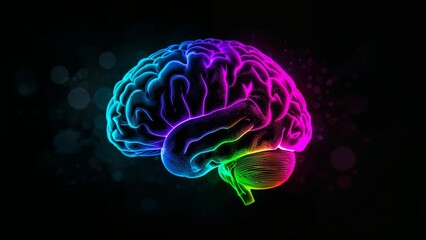 A vibrant brain illustration with neon colors against a dark background with bokeh effects art