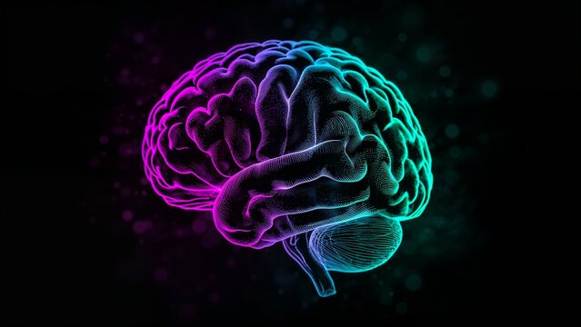 A vibrant brain illustration showcasing pink and teal hues against a dark background with a subtle glow