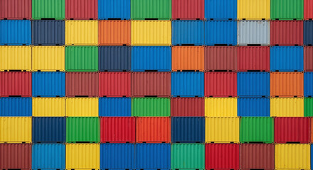 Obraz premium A flat, front-on view of a wall made from stacked shipping containers in various bright colors. The vertical lines of the corrugated metal create a strong pattern.