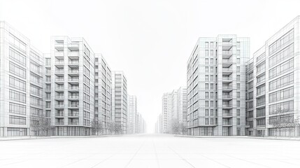 Urban Architectural Sketch Rendering of Residential Buildings with Balconies and Clear Facades 