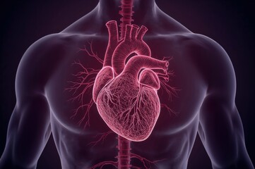 Human heart anatomy illustration showing cardiovascular system with red highlighting perfect for medical education healthcare cardiology health awareness presentations
