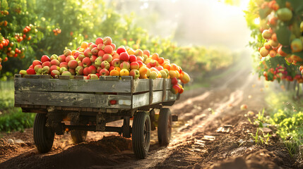Vintage truck carrying various types of fruits in an orchard with sunset. Concept of food transportation, logistics and cargo.