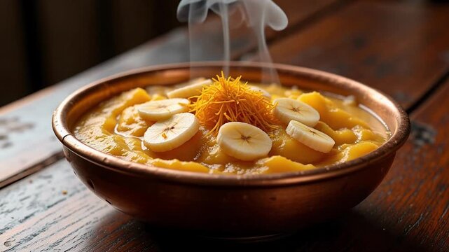 Warm, Comforting Banana Sheera Video: Golden Saffron, Toasted Almonds, and Steaming Goodness on Rich Ebony Wood - Perfect for Food Blogs