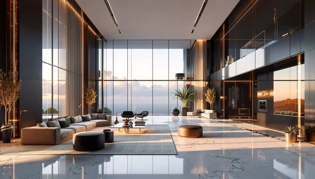 Stylish modern living room with floor-to-ceiling glass, designer furniture, and breathtaking mountain sunset views in a serene upscale home.