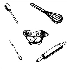 Kitchen utensils in sketch style. Hand drawn colander, spoon, rolling pin, spatula