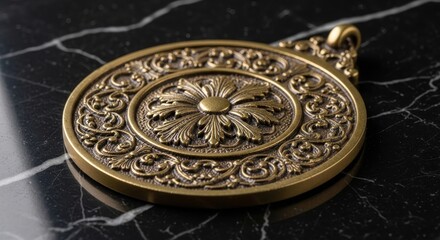 Antique Brass Medallion with Intricate Floral Design - Ornate brass medallion, showcasing exquisite floral patterns and symbolic elements of heritage, artistry, craftsmanship, luxury, and history