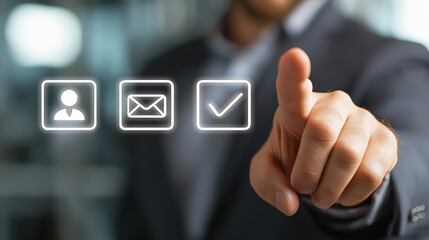 Businessman Touching Mail, Person and Checkmark Icons Representing Online Job Application Approval, Human Resource and Candidate Selection in Digital Recruitment Process