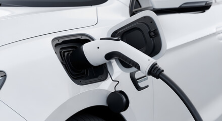 Electric Vehicle Charging: Modern White EV Car Recharging With Plug
