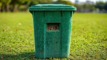 Green trash receptacle on grassy lawn