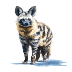 Watercolor vector illustration of Aardwolf, isolated on white background.