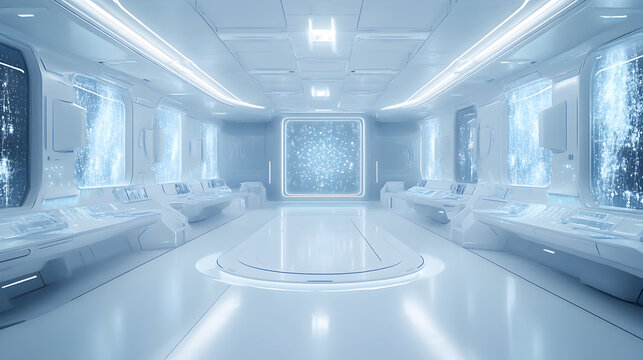 Bright futuristic spaceship interior control room