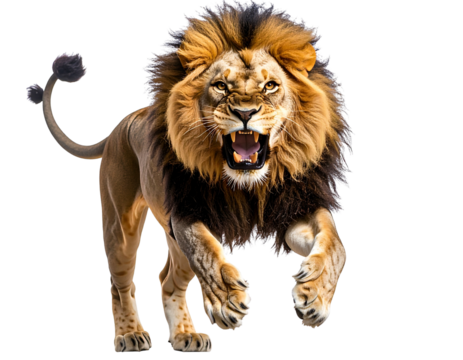  Roaring Lion Lunging Forward with Claws Extended, Dynamic Action Pose, Isolated PNG
