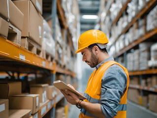 Industrial Warehouse Worker Conducting Inventory Check with Safety Helmet and Clipboard in Organized Logistics Distribution Center