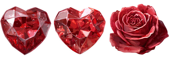 Fototapeta premium 3 red crystal heart and rose icons, isolated on a transparent background.