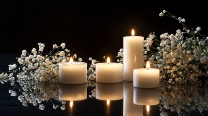 Commemorative Display of White Flowers and Candles for a Funeral Service