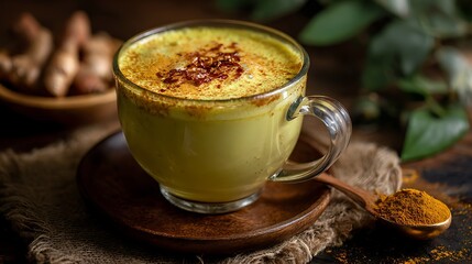 Golden milk rests on a wooden saucer. Food photography for marketing, design, web.