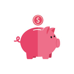 piggy bank vector, Flat piggy bank icon in pink with coin symbol for financial savings deposit budgeting money management or banking related digital design
