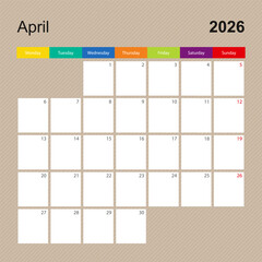 Calendar page for April 2026, wall planner with colorful design. Week starts on Monday.