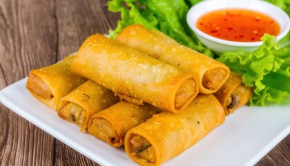 Golden-brown spring rolls presented in a studio shot. These perfectly crispy spring rolls, with a side of dipping sauce. This visual delight showcases a delightful fusion of textures and flavors. 