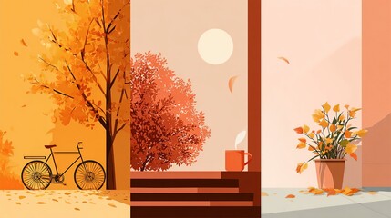 Autumn scene with colorful trees, a bicycle, and a cozy porch. Warm sunlight illuminates the setting, creating a peaceful atmosphere.