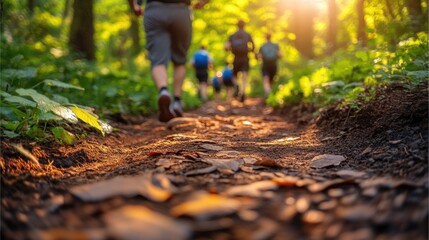 Hikers on a forest trail at sunset