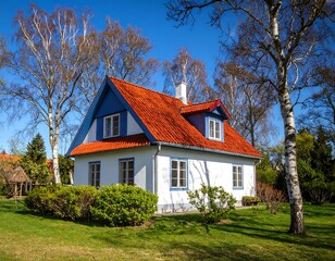 Fototapeta premium A charming white house with a red tiled roof
