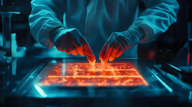 Lab technician working with glowing interface technology