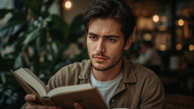 A young man with dark hair and a beard reading a book while sitting in a cafe with plants behind him