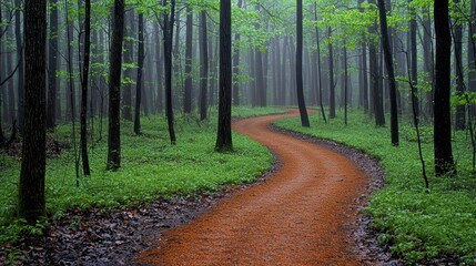 Fototapeta premium Forest path winds in lush trees scene