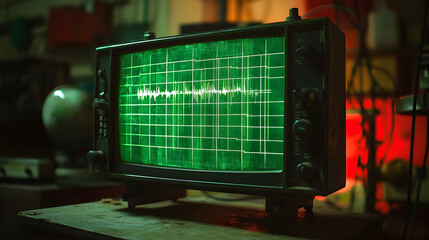 Old oscilloscope display with green waveform signal