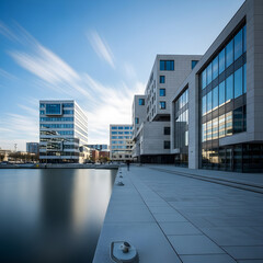 Contemporary waterfront architecture with glass facades and reflections