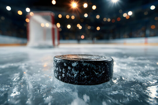 Close up of hockey puck on ice rink surface with blurred goal net in the background under arena lights
