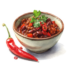Chili Con Carne, watercolor painting, vector illustration, isolated on a white background.