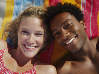 Smiling Diverse Couple Sunbathing on Colorful Towels: Summer Vibes and Happiness on a Sunny Beach Day Portrait