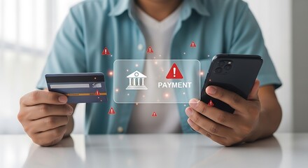 Worried man checks credit card balance on phone amid payment warnings, financial risks and scam alerts
