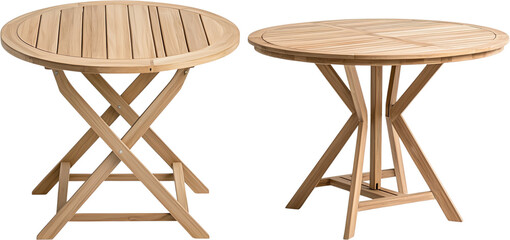 wooden table product, with close-up view and detailed texture, teak wood outdoor tables isolated on transparent background, , and a small round side table. Perfect for garden, patio or terrace. 	
