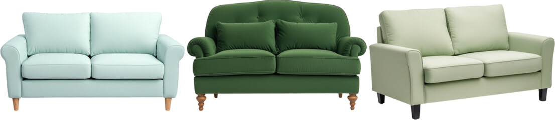Three stylish couches in various colors, showcasing comfort and design elements. A selection that blends aesthetics and functionality, earth tone furniture isolated Png no background 