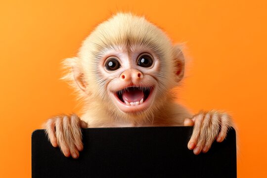 Cute baby animal white-faced capuchin hold in front paws a concept - large dark black zoo sign. Cute poster mockup shot. Isolated baby animal on a solid uniform bright orange background.