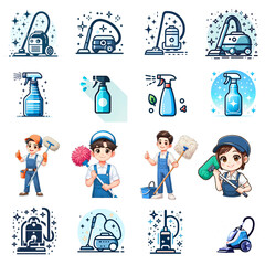 Cute Cleaning Service Icons & Characters &ndash; Vector Set of Vacuum Cleaners, Spray Bottles, and Workers

