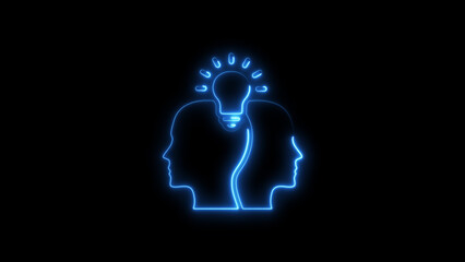 Creative collaboration concept with two heads connected by glowing neon light bulb on black background