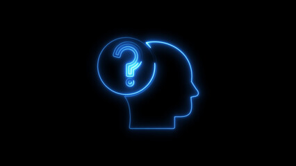 Illuminated neon silhouette of a human head with a question mark symbolizing thought