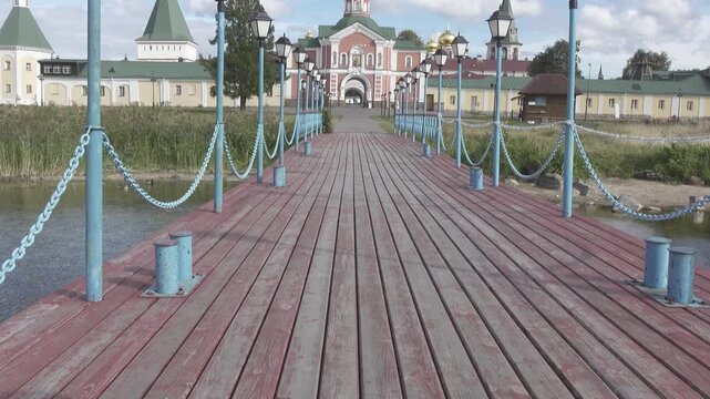 View of the Valdai Iversky Bogoroditsky svyatoozersky monastery. Sunny June day . Russia,Ancient Russian Iversky Monastery at Valdaysky National Park.