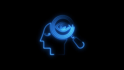Neon illustration of human head with eye being examined through magnifying glass