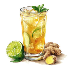 Watercolor vector illustration of Ginger Ale, isolated on white background.