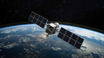 A high-resolution satellite illustration depicts Earth orbiting in outer space, showcasing solar panels, metallic components, visible continents, oceans, clouds, stars, and distant galaxies in the dar