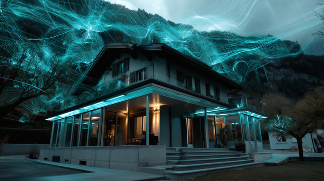 A Swiss Romand style house with electromagnetic waves