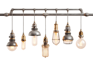 6 stage light heads on a metal bar, hanging from the ceiling, with different sizes and styles of lights against a  transparent background.